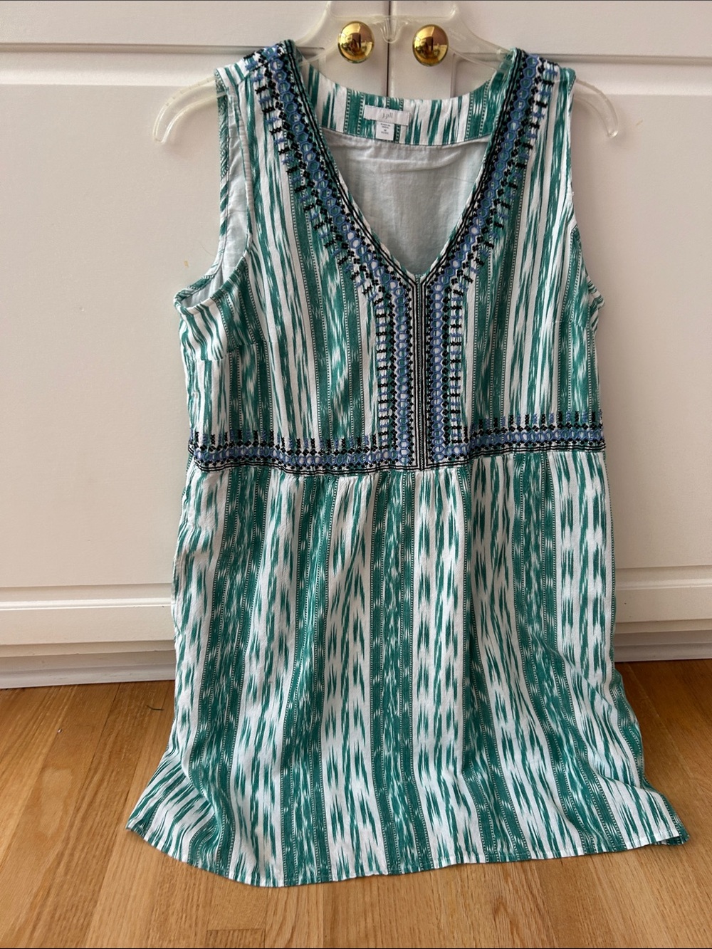 J. Jill Teal and White Embroidered V-Neck Summer Dress Petite Medium
